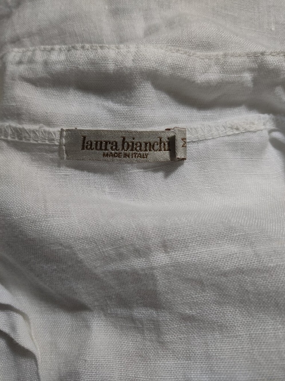 Laura Bianchi Italy 100% Linen White Tunic Top Medium Pom Pom Trim Boho Resort - Picture 7 of 10